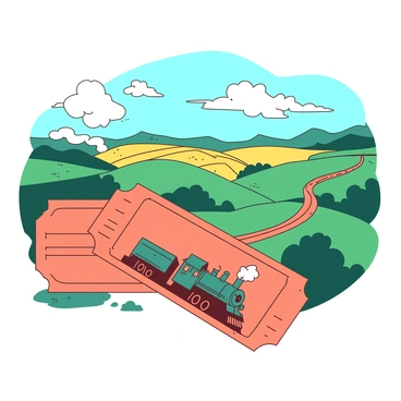 An orange old-fashioned train ticket is displayed prominently in the foreground. The ticket features an illustration of a teal steam locomotive with billowing smoke, set against a backdrop of rolling green hills. In the distance, there are patches of vibrant yellow fields and clusters of white clouds scattered across a blue sky. A winding dirt path leads through the countryside, adding depth to the scenic view.