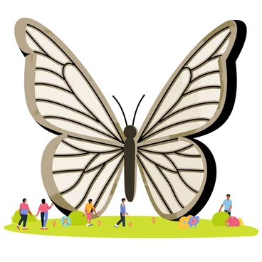 A large sculpture of a butterfly sits prominently in a public park. The butterfly's wings are made from an array of recycled metal pieces, featuring a mix of shiny and matte finishes. The sculpture's intricate design showcases detailed patterns that mimic the natural veins of butterfly wings. Surrounding the sculpture are green grass and colorful flower beds, providing a vibrant contrast to the metallic butterfly. People can be seen walking nearby, some pausing to admire the unique artwork. The sunlight catches the sculpture, creating reflections that dance across its surface.