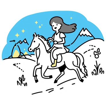A brave heroine with long flowing hair, wearing a fitted armor, is riding a strong horse. The horse is galloping forward with a mane flowing in the wind. The landscape around them is filled with gentle hills, strange trees, and glowing plants. In the distance, there are tall mountains with sharp peaks. The sky is a deep shade of blue, scattered with twinkling stars. A faint path can be seen winding through the landscape, hinting at the beginning of an epic quest.
