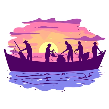 A fishing barge is positioned in the foreground, silhouetted against a vibrant sunset. The sky is filled with shades of {color_1} and {color_2}, creating a dynamic and colorful backdrop. On the barge, several fishermen are actively engaged in hauling in their nets, their figures outlined against the bright sunset. The surface of the water reflects the hues of the sky, enhancing the dramatic scene. The fishermen wear hats and casual clothing, showcasing their dedication to their craft as they work together to bring in their catch.