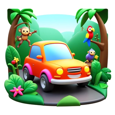 A 3D cartoon car with bright colors and exaggerated features is driving through a lively jungle. The car has big wheels and a wide grin on its front. Surrounding the car, there are various exotic plants with large green leaves and vibrant flowers. In the background, different animals are visible, including a playful monkey swinging from a branch and a colorful parrot perched on a nearby tree. The scene is filled with rich greenery and pops of color from the flora and fauna.
