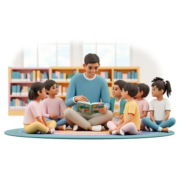A volunteer, wearing a blue sweater and khaki pants, is sitting on a colorful rug in a library. Surrounding the volunteer are several children, eagerly listening. The volunteer is holding an open book with vibrant illustrations, pointing at a picture while smiling warmly. The children, ranging in age from about five to seven years old, are sitting cross-legged, with expressions of excitement and curiosity. Brightly colored bookshelves filled with books are in the background, and soft sunlight is streaming in through large windows, creating a cheerful atmosphere.
