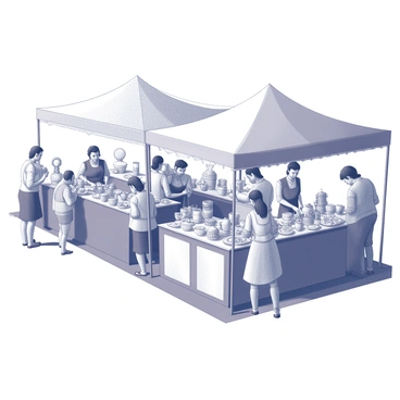 A crafts fair taking place in an open area. Several artisans are standing behind their stalls, showcasing a variety of handmade goods. Each stall is uniquely designed, displaying items such as woven baskets, pottery, jewelry, and textiles. People are browsing the stalls, examining the goods with interest. Some artisans are actively engaging with customers, while others are demonstrating their craftsmanship. The setting includes vibrant decorations and canopies over the stalls, contributing to a lively atmosphere.