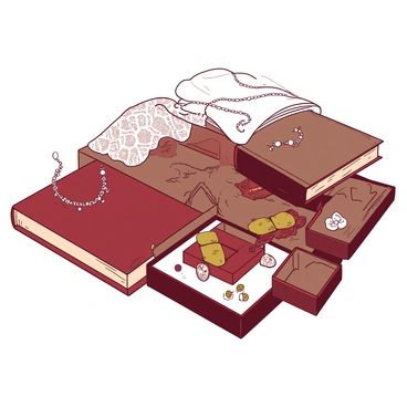A collection of vintage treasures is neatly arranged on a wooden table as part of a dowry. There are intricate silver jewelry pieces, including a delicate necklace with a shimmering pendant and ornate earrings. Next to the jewelry, there are several small keepsake boxes made of polished wood, some with intricate carvings and others adorned with colorful fabric. A vintage lace handkerchief lies gracefully on top of one of the boxes. A beautifully illustrated leather-bound book is also part of the arrangement, showcasing its aged pages. The overall display exudes a sense of nostalgia and elegance.