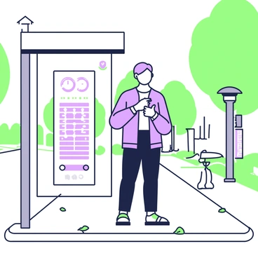 A person is standing at a bus stop, looking at their watch. The watch is silver with a round face and a simple design. The person has short hair and is wearing a blue jacket over a white shirt, along with black trousers and shoes. Their expression shows impatience as they tap their watch with their index finger. The bus stop has a clear glass shelter and a timetable mounted on the wall next to them. A few leaves are scattered on the pavement, and in the background, there are trees lining the street.