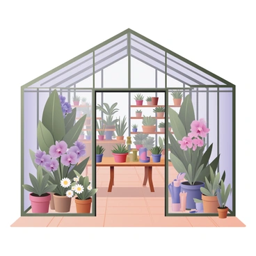A digital flat illustration of a vibrant greenhouse filled with an array of plants and flowers. The structure is made of glass, allowing sunlight to illuminate the interior. Inside, there are tall green ferns with broad leaves, colorful orchids in shades of pink and purple, and blooming daisies with white petals and yellow centers. Shelves are lined with small potted succulents and cacti of various shapes and sizes. In the center, a wooden table holds gardening tools and a watering can. The floor is tiled with terracotta, enhancing the natural feel of the space.
