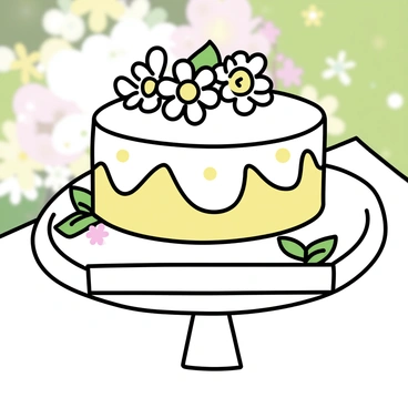 A round cake, elegantly layered, is adorned with intricate icing patterns. The top of the cake is embellished with delicate "sugar daisies" in various shades of white and yellow. The cake is placed on a simple white cake stand, surrounded by green leaves and small pastel-colored flowers, enhancing the garden party theme. The setting includes a soft, blurred background of grass and flowers to give the impression of an outdoor celebration.
