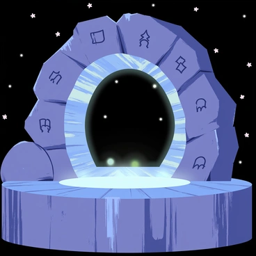 A mystical portal opening in the center of a circular stone formation. The stones are rugged and weathered, each with intricate carvings. Surrounding the portal, ancient runes begin to glow with a vibrant blue light, casting a soft illumination on the stone surface. The scene is set against a dark, starry sky, enhancing the otherworldly atmosphere of the portal's emergence.