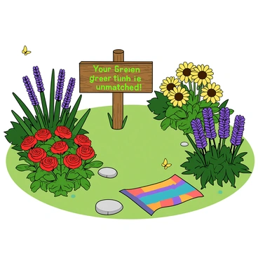 A vibrant garden filled with a variety of colorful flowers, including red roses, yellow sunflowers, and purple lavender. In the center of the garden, there is a rustic wooden sign with the phrase "Your green thumb is unmatched!" painted in bright green letters. The garden is surrounded by lush green plants and there are a few butterflies fluttering around. A small stone path winds throughout the garden, leading to a cozy seating area with a colorful blanket spread on the grass.