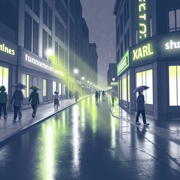 A city street scene on a rainy night. The pavement shows a glossy reflection of neon lights from surrounding buildings. Light streaks in shades of green, yellow, and black illuminate the wet ground. Raindrops can be seen falling, creating ripples in puddles. Various shop signs with glowing letters add to the urban atmosphere. A few pedestrians are hurrying along the sidewalk, holding umbrellas to shield themselves from the rain.