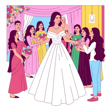 A bright scene captures a joyous wedding celebration. The bride, wearing a beautifully intricate white gown, is adorned with a shining silver nath on her nose. She stands in the center, beaming with happiness. Surrounding her are friends and family members, dressed in colorful traditional outfits, smiling and reaching out to congratulate her. In the background, colorful floral decorations and elegant drapery add vibrancy to the scene. A few guests are holding small bouquets of flowers, while others take pictures to capture this special moment.