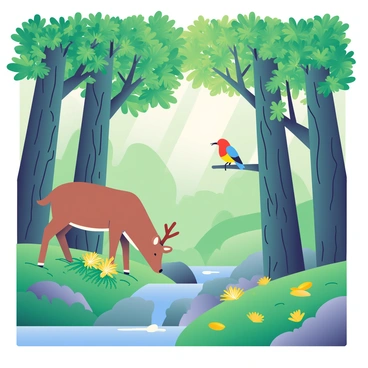 A dense forest filled with tall trees featuring lush green leaves. The trees have gnarled trunks and intertwining branches, creating a natural canopy overhead. Light filters through the leaves, casting dappled shadows on the forest floor covered with green ferns and scattered fallen leaves. Various wildlife can be seen, including a brown deer grazing near a cluster of yellow wildflowers and a colorful bird perched on a branch, chirping. In the background, a small stream flows gently, reflecting the greenery around it.