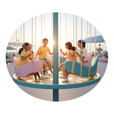 A group of people, including children and adults, are riding on a colorful swing carousel at an amusement park. The carousel features vibrant seats that are suspended from a tall central pole, spinning and swaying gently in the breeze. Children are laughing and smiling, gripping the handles tightly as they enjoy the ride. The background is filled with bright lights and other amusement park attractions, creating a festive atmosphere. The sun is shining, casting a warm glow over the scene, highlighting the joyful expressions of the riders.