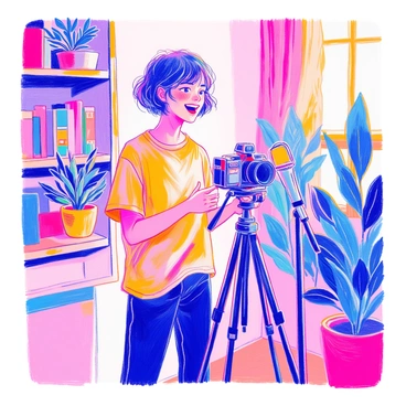 A person is standing in a room, holding a camera with a tripod. They have short hair and are wearing a casual t-shirt. The individual is speaking animatedly as if engaging with an audience. The camera captures their enthusiastic expression. In the background, there are shelves filled with books and plants, creating a cozy environment. A microphone on a stand is positioned nearby. The lighting is bright, enhancing the lively atmosphere of the scene.