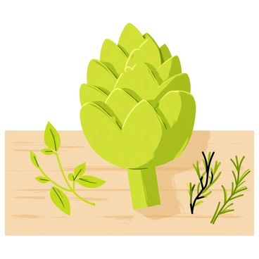 An artichoke with a vibrant green color sitting prominently on a rustic wooden kitchen table. Surrounding the artichoke are sprigs of fresh herbs, including bright green basil, delicate parsley, and aromatic thyme. The wooden table has a textured surface, adding warmth to the scene. The sunlight casts soft shadows, highlighting the freshness of the herbs and the unique shape of the artichoke.