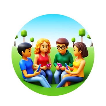 A group of four friends sitting in a circle on a grassy field. Each friend is focused on their own phone, with expressions of concentration on their faces. The first friend has short black hair and wears a blue t-shirt. The second friend has long curly blonde hair and is dressed in a red tank top. The third friend, with glasses and brown hair, is in a green hoodie. The fourth friend is wearing a yellow sundress and has wavy dark hair. The phones are visible in their hands, with various app icons illuminated on the screens. The surrounding area has a few scattered trees and a bright blue sky overhead.