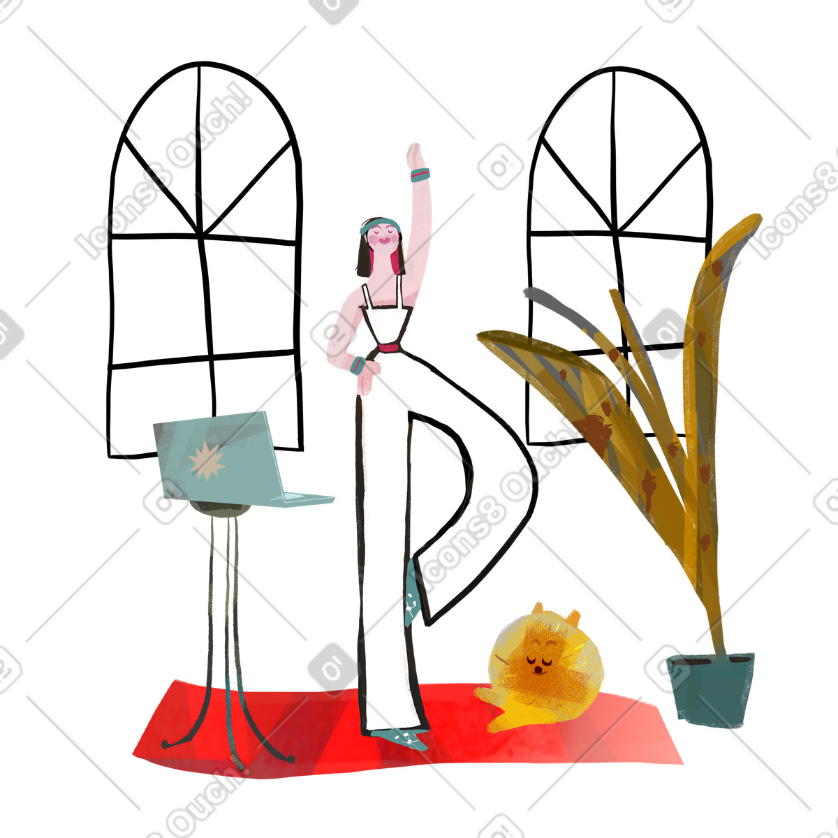 Illustration Femme faisant du yoga avec un ordinateur portable à la maison dans le style Fabulous télécharger aux formats PNG, SVG