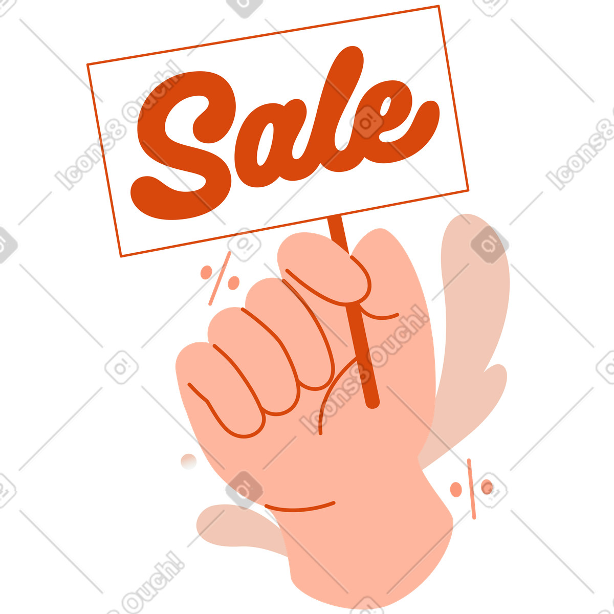 Ilustración Raised hand with sale board, Special offer announcement en estilo Orange a descargar en PNG y SVG