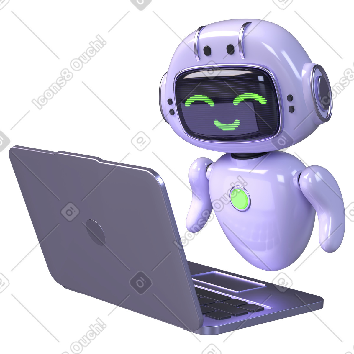Smiling chatbot using laptop, AI customer service automation illustration in PNG, SVG