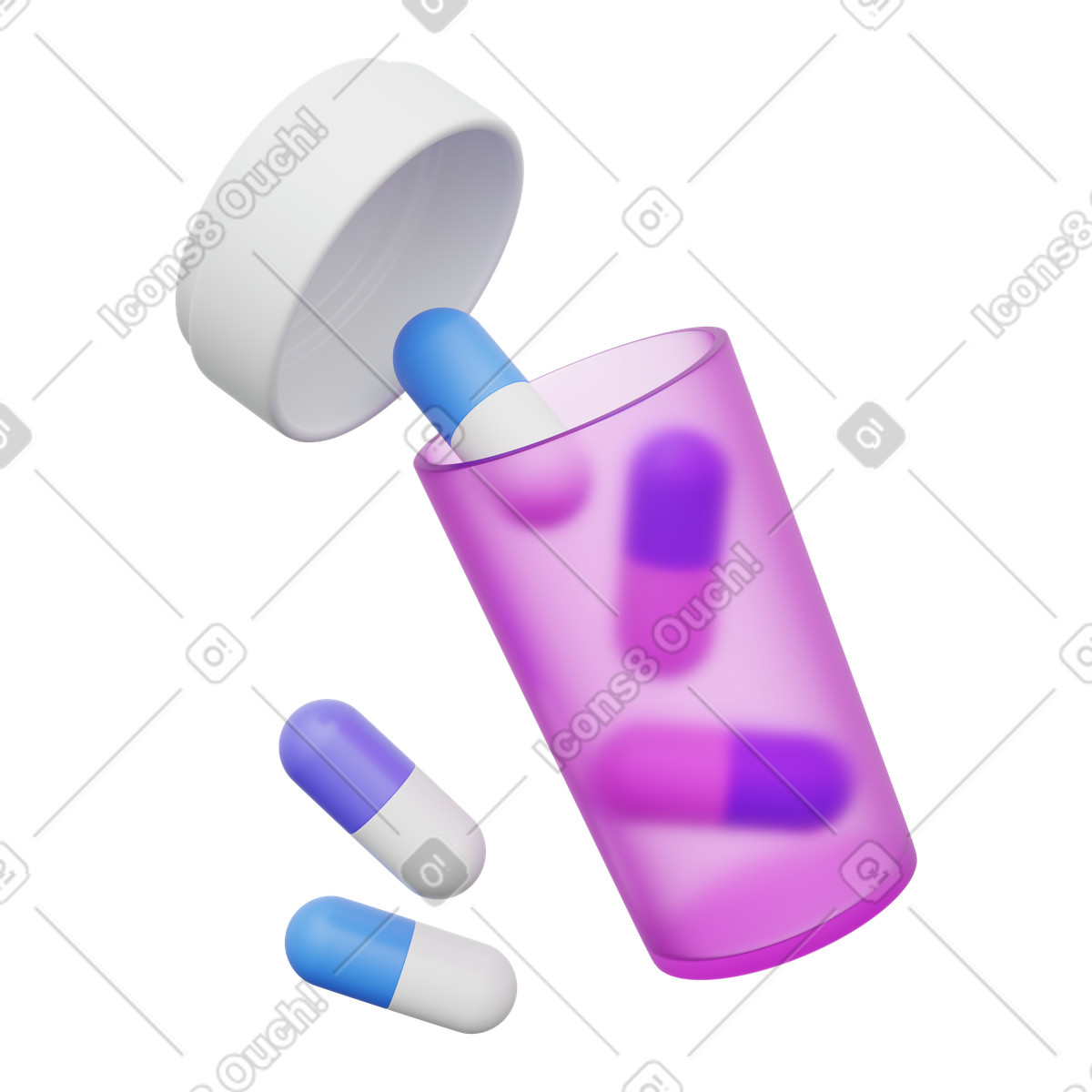 下载 3D Playful 风格的 Pills spilling from open medicine bottle with detached white cap 插画，支持 PNG、SVG 格式