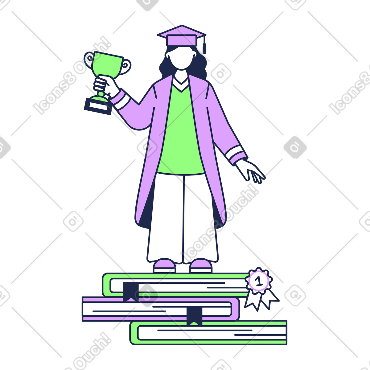 Graduate with an award illustration standing on books clipart for high-quality graphics