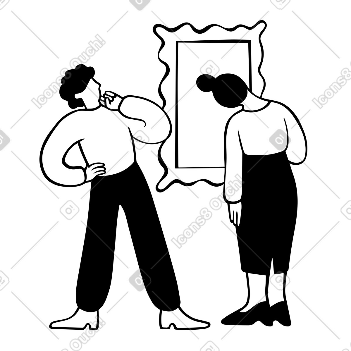 Ilustração de Homem e mulher olhando para uma pintura em uma galeria de arte em PNG e SVG