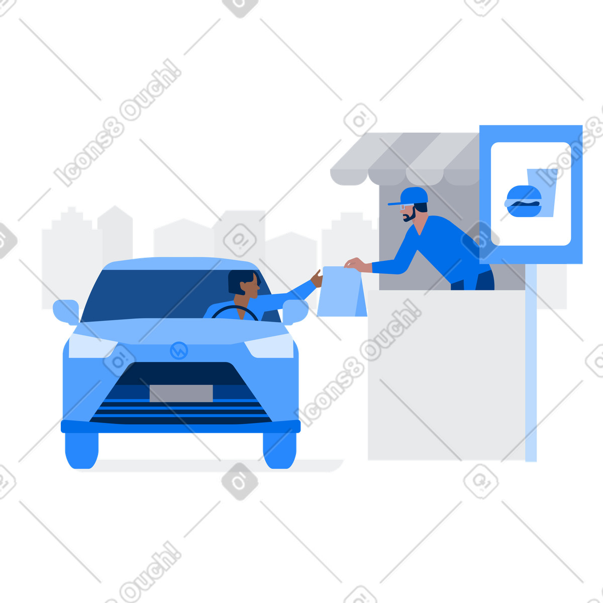 Illustration Un homme en voiture achète de la restauration rapide au kiosque mac auto dans le style Urban à télécharger aux formats PNG, SVG