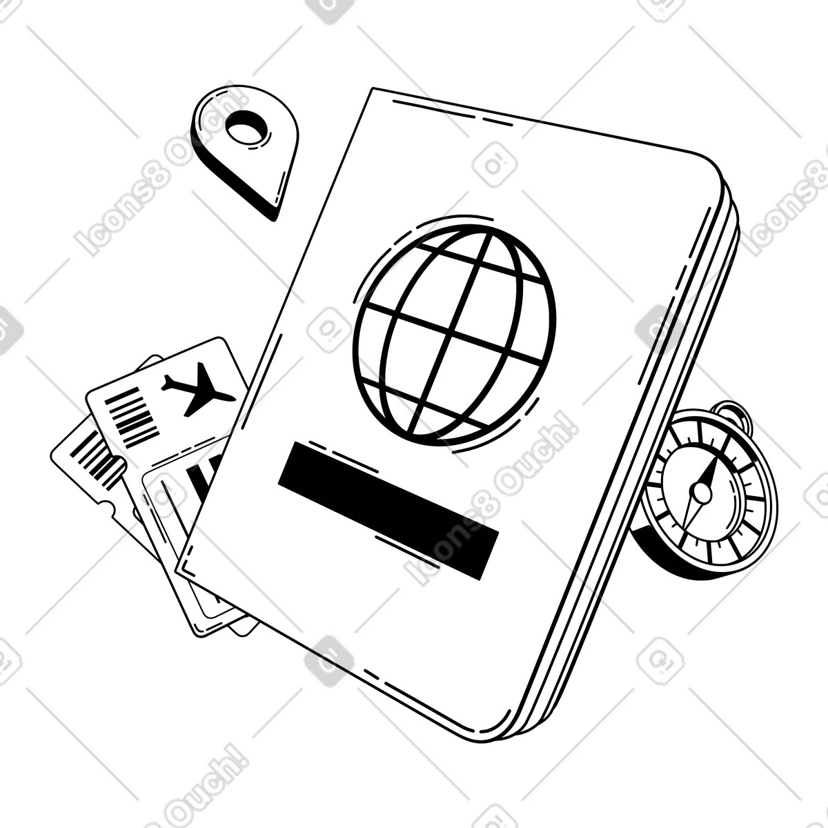 Passport with tickets and compass, Global tourism exploration animated illustration in 3D Techny Line style download in GIF, Lottie (JSON), AE