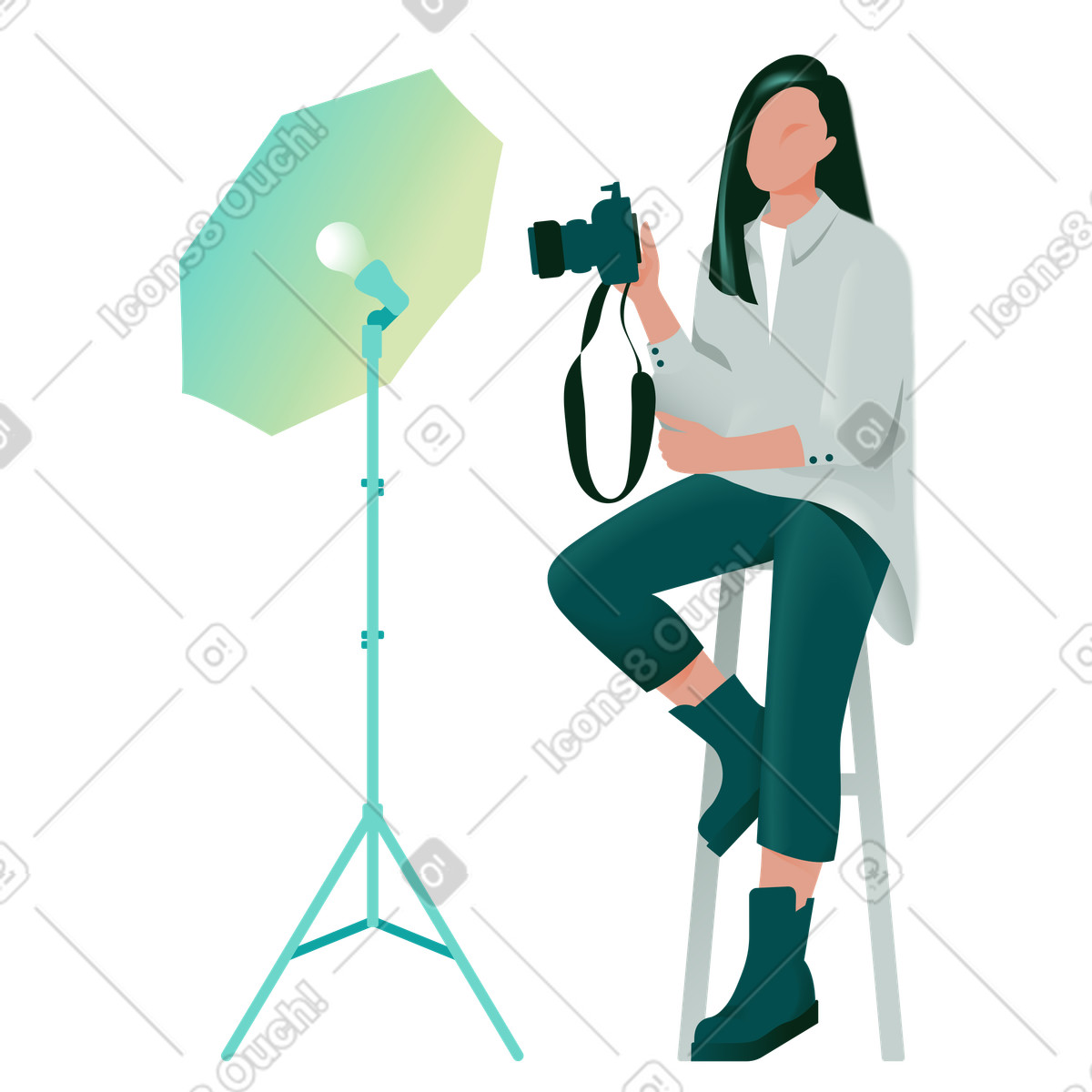 Illustration Professional photographer sitting with camera in studio setup, content creation process dans le style Office à télécharger aux formats PNG, SVG