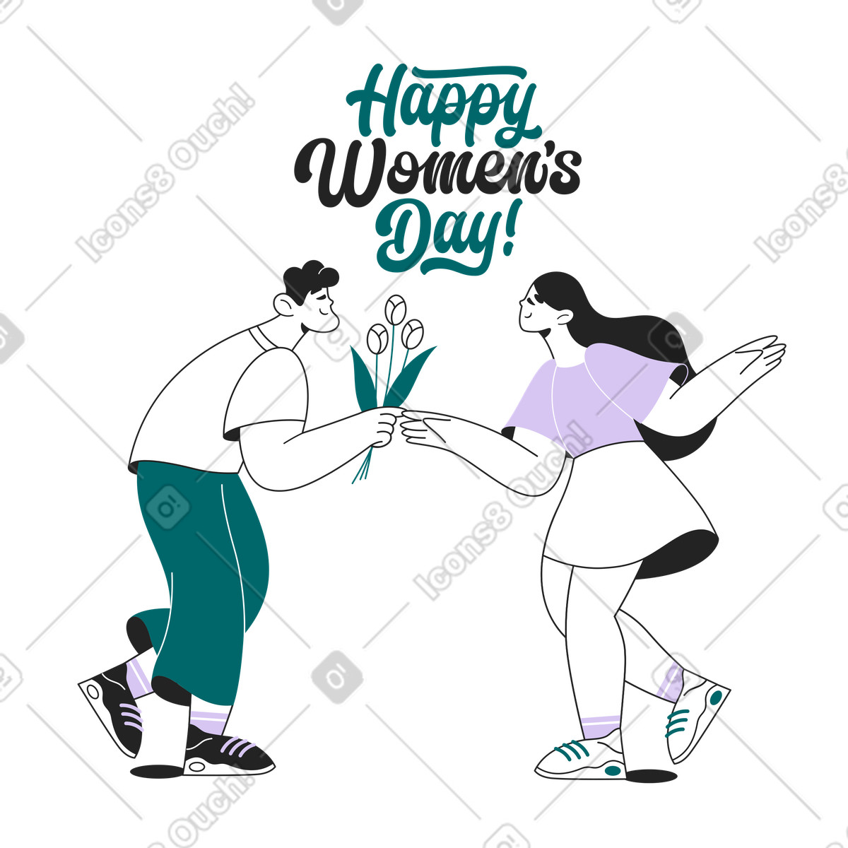 Ilustración Presenting flowers to girlfriend, Appreciation and gratitude gesture for Women's Day en estilo Sammy Line a descargar en PNG y SVG