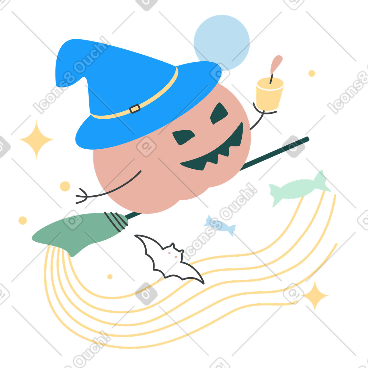 Ilustración Calabaza volando en una escoba para halloween estilo Kiddo a descargar PNG y SVG
