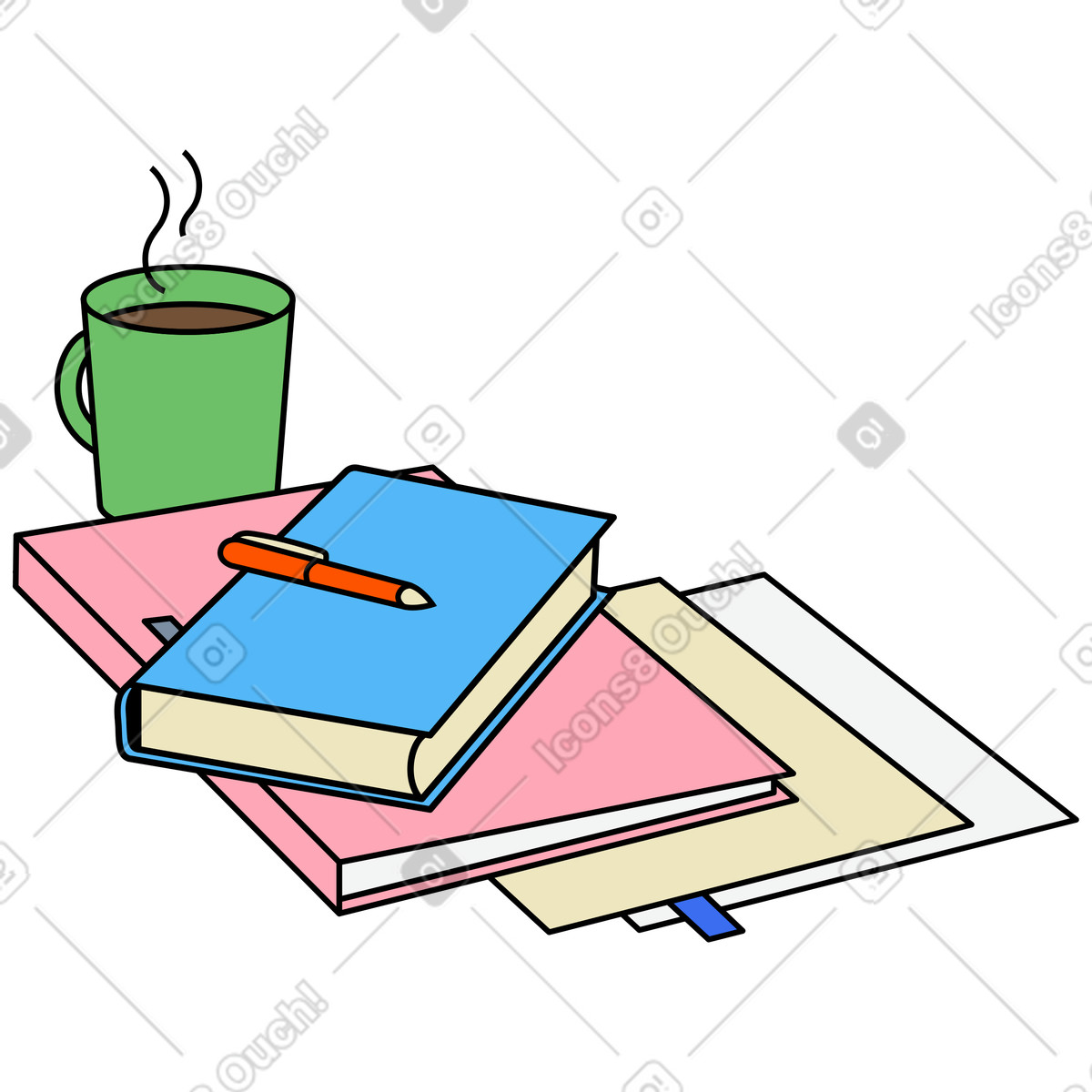 Workspace with study materials and coffee illustration in PNG, SVG