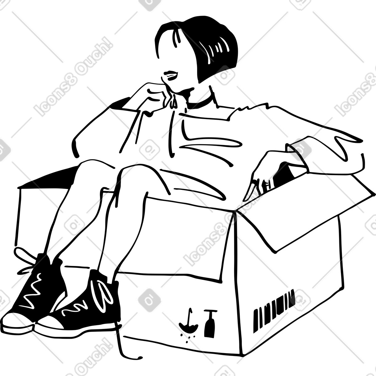 Ilustração de Jovem sentada em uma caixa no estilo Line para baixar PNG, SVG