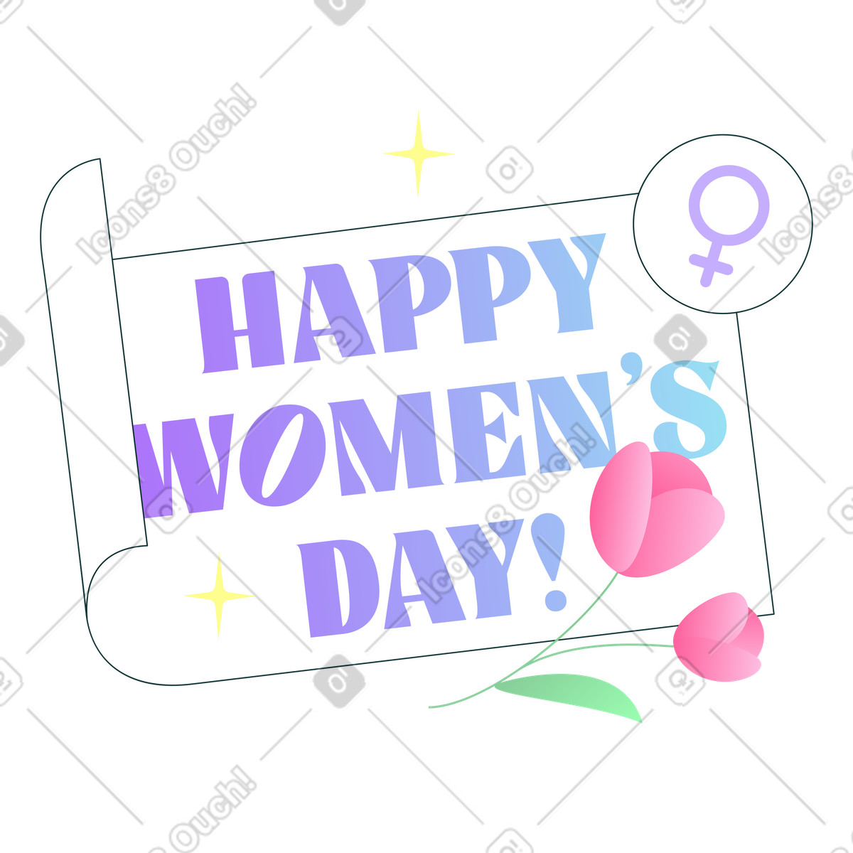 Happy Women's Day scroll with tulip flower and female symbol, empowerment holiday-Illustration im Florid-Stil als Download in PNG, SVG