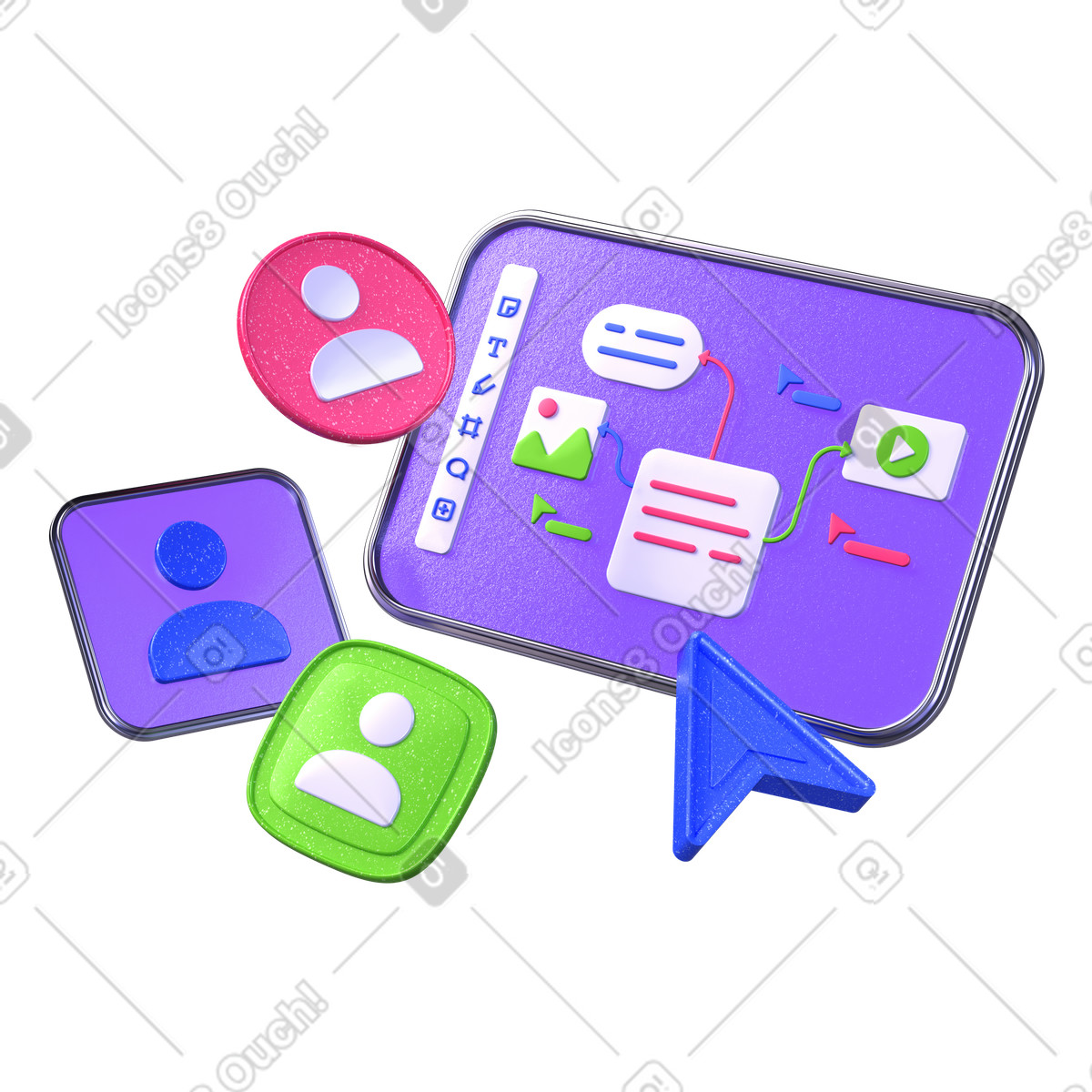 Ilustración Software de espacio trabajo virtual y señales usuario en estilo 3D Boost a descargar en PNG SVG