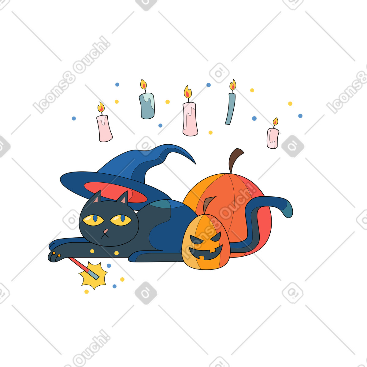 Hexe, katze, und, halloween, kürbisse-Illustration im Surr-Stil als Download in PNG, SVG