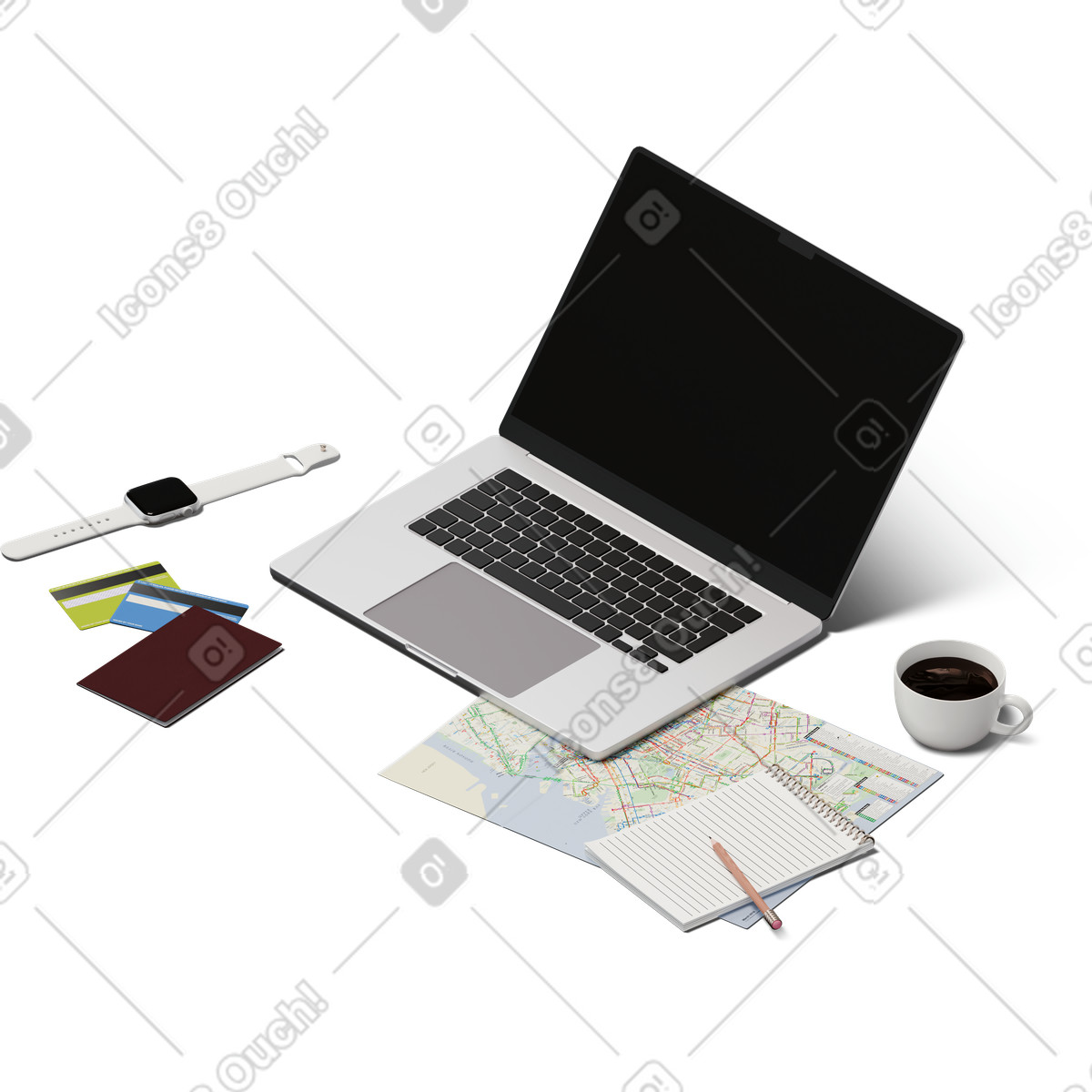 Isometric view of laptop, smartwatch, map, credit cards and passport illustration in 3D Hygge style download in PNG, SVG