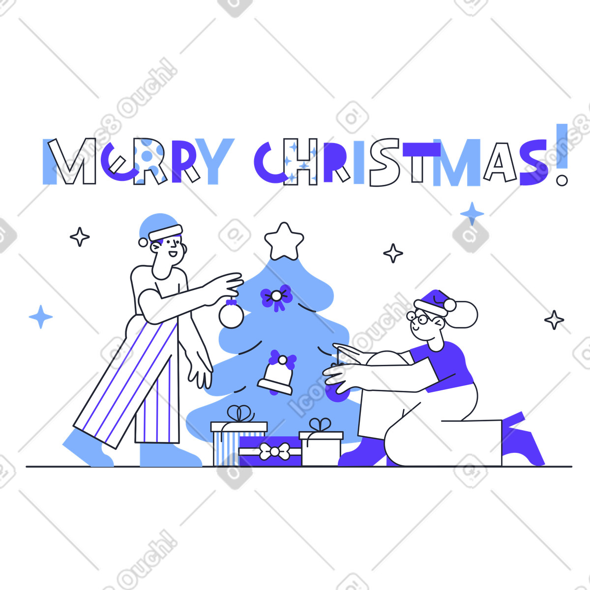 Ilustración Feliz navidad con pareja decorando el árbol de navidad. en estilo Pablita a descargar en PNG y SVG