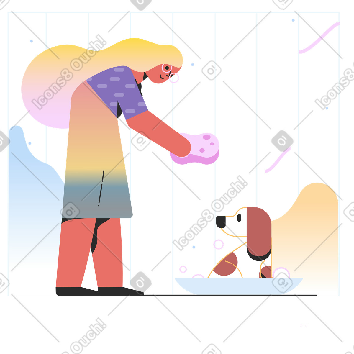 Lavare un cane illustrazione in stile Marginalia scarica in PNG, SVG