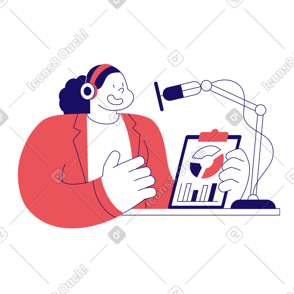 Weibliche moderatorin eines business-podcasts animierte Illustration im Bendy-Stil als Download in GIF, Lottie (JSON), AE