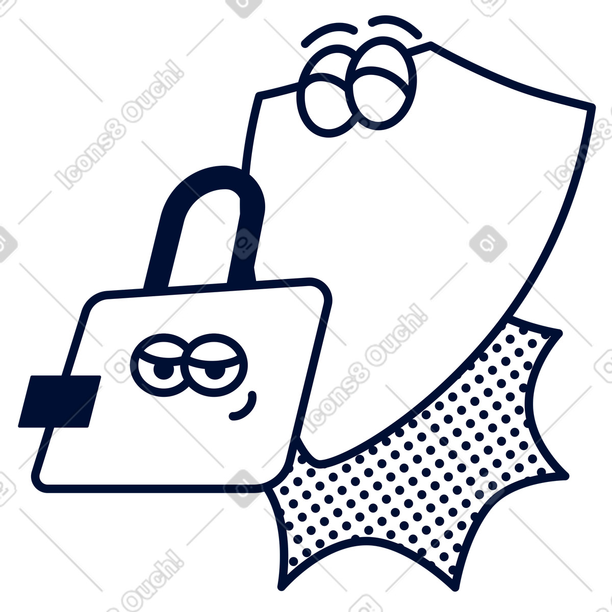 Smiling lock with protective shield, information privacy and cybersecurity illustration in Blink style download in PNG, SVG