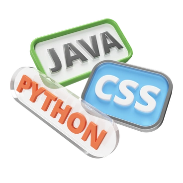 Three programming language logos: Java, Python, CSS - 3D Corporate style illustration