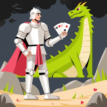 A brave knight in shining silver armor stands tall, gripping a deck of playing cards in his right hand. The knight has a determined expression on his face, ready to face the impending challenge. In the background, a towering dragon looms, its scales a vivid green and fiery eyes glaring at the knight. The ground is a mix of rocky terrain and patches of grass, with scattered card symbols like hearts, diamonds, clubs, and spades surrounding the knight's feet. A dark stormy sky adds to the tension of the scene. The knight's cape billows in the wind, adding to the sense of action as he prepares to confront the dragon with his unique weapon.