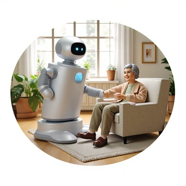 A friendly healthcare robot with a sleek, silver exterior and large, expressive eyes. The robot has a humanoid shape and features a gentle smile displayed on its face. It is standing beside an elderly woman with gray hair styled in a bun, wearing a pastel-colored cardigan. The woman is sitting comfortably in a cozy armchair with floral patterns. The robot is extending its arm towards her, holding a glass of water, while the woman is smiling back at the robot, conveying a sense of companionship and care. The room is warmly lit, filled with plants and personal decorations, creating a homey atmosphere.