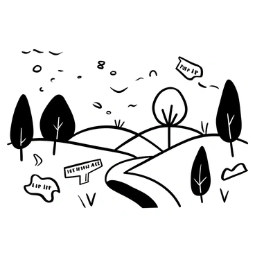 A scenic countryside landscape with rolling hills and trees in the background. A gentle breeze is depicted as swirling letters and words that float through the air. Several pieces of parchment with written text are scattered among the grass. A winding dirt path leads through the scene, inviting exploration and adding depth to the composition.