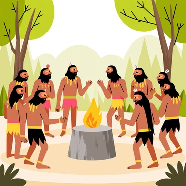 A solemn Neanderthal ritual takes place in a forest clearing. A group of Neanderthals are gathered, displaying painted faces with intricate patterns in earthy colors like red, yellow, and black. Each Neanderthal wears ceremonial attire made from animal hides, adorned with feathers and beads. In the center, a large stone pedestal holds a flickering fire, casting shadows on the participants. Some Neanderthals are chanting, while others are performing a synchronized dance, moving in a circular formation around the fire. The atmosphere is filled with a sense of reverence and tradition.