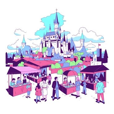 A duotone illustration features a skyline of a grand empire city with towering castles reaching into the sky. The castles are adorned with intricate spires and battlements. Below the castles, bustling streets are filled with citizens engaged in various activities. Some citizens are walking, while others are gathered in small groups, chatting animatedly. Stalls line the streets, offering colorful goods and food, contributing to the lively atmosphere of the scene.