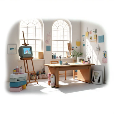 A vintage artist's studio filled with various art supplies, including paintbrushes, vibrant tubes of paint, and canvases leaning against the walls. The room is furnished with an old wooden easel, and a wooden work table is cluttered with sketches and half-finished paintings. Sunlight filters through large, dusty windows, illuminating the space with a warm glow. On a small, retro television in the corner, classic TV shows are playing, providing a visual backdrop to the creative atmosphere. The walls are adorned with framed artworks and a color palette hangs nearby, creating an inspiring environment for artistic expression.
