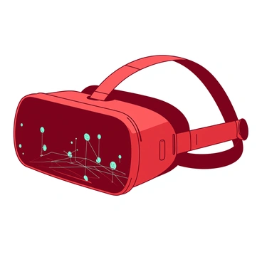A red futuristic digital interface design is displayed on a sleek virtual reality headset. The headset has smooth contours and a glossy finish, giving it a modern look. The interface features a series of glowing teal holographic icons that represent various virtual environments, each hovering just in front of the headset. Lines of light connect the icons, creating a network-like appearance. A translucent display shows detailed information about the virtual experiences available, while a pair of adjustable straps are elegantly designed to fit the user's head securely.