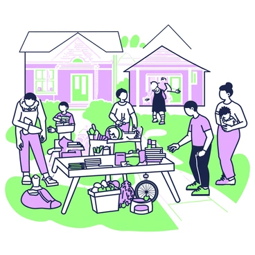 A garage sale is taking place on a sunny day in a suburban neighborhood. Several neighbors are browsing through assorted items displayed on tables and blankets. There are stacks of books, colorful ceramic dishes, and an array of vintage clothing among the items for sale. A young man examines a bicycle while a woman holds up a small plant, considering its purchase. Two children are inspecting a box filled with toys nearby. Lush green grass surrounds the area, and in the background, several houses are visible, with their doors open and neighbors chatting with one another.